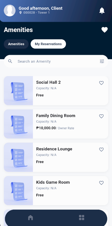 GoConnect Mobile App - Amenity Booking with Social Hall, Dining Room, Lounge and Kids Room