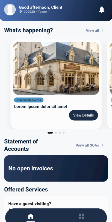 GoConnect Mobile App - Resident Home with events, invoices and services