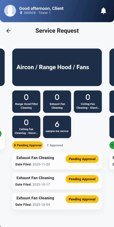 GoConnect Mobile App - Service Request with categories, approval status and request history