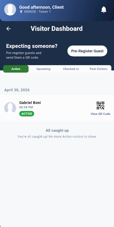 GoConnect Mobile App - Visitor Dashboard with QR code check-in and guest pre-registration